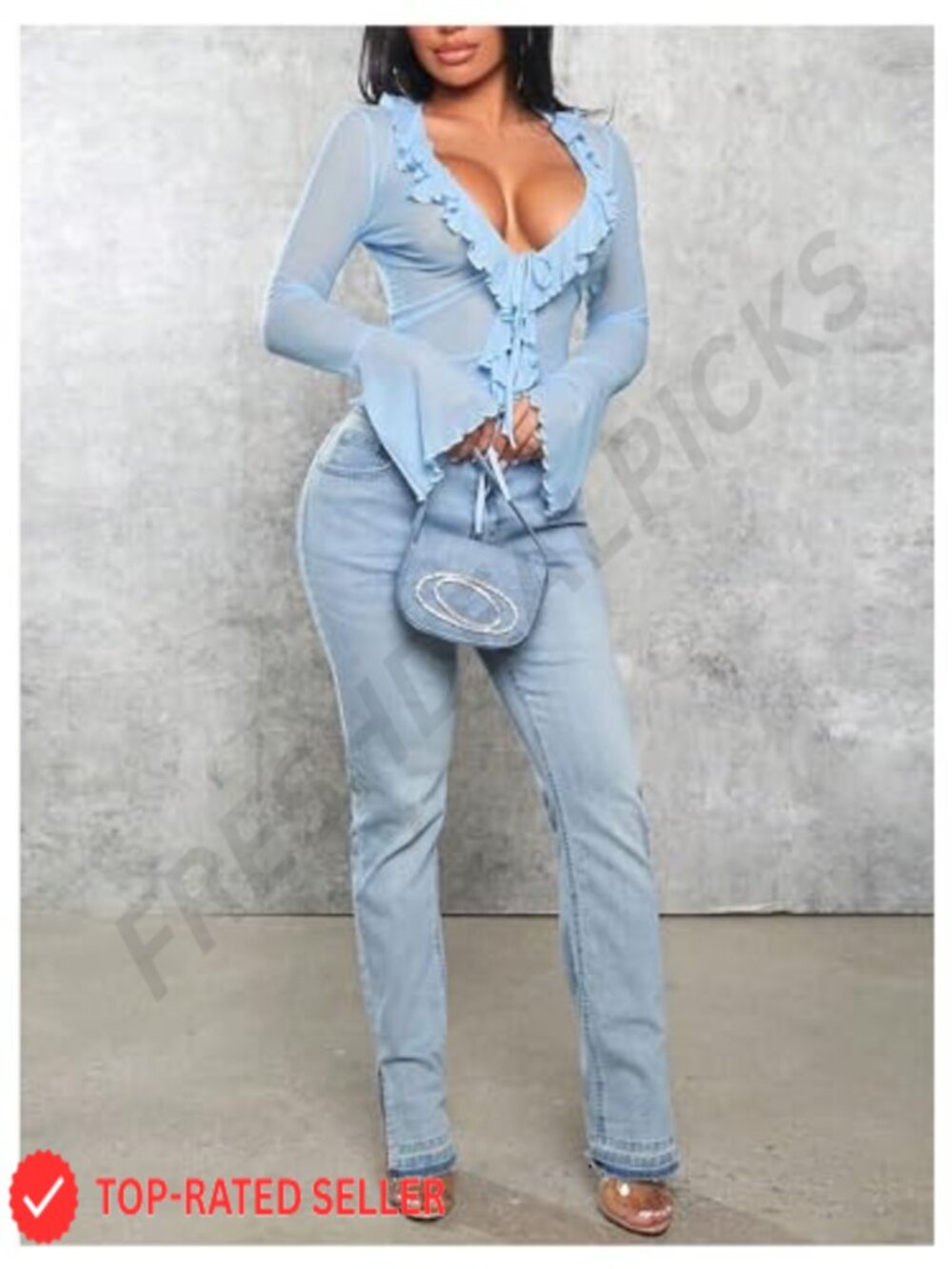 Long Bell Sleeve Shrug Bolero See Through Ruffle Trim Mesh Lightweight Plus - Picture 5 of 5